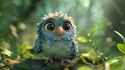 Cute Chibi Eagle with Iridescent Light in Forest