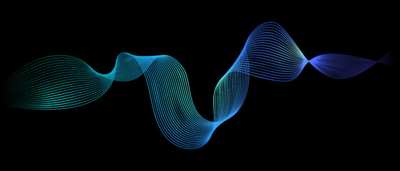 Abstract turquoise green and blue gradient flowing wave lines on black background. Particle lines design element banner for futuristic modern technology science decoration. Vector illustration.