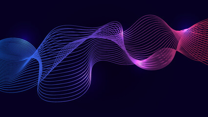 Abstract blue, purple, pink gradient flowing wave lines on dark background. Particle lines design element banner for futuristic modern technology science decoration. EPS10 vector illustration.