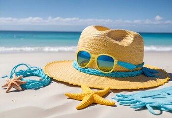  summer beach holiday.  straw hat, sun glasses, starfish. Blue sky, sunny day. 