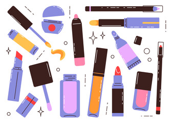Various lipstick set. Collection of stickers  lip color, balm, gloss, cosmetics. Vector flat illustration.