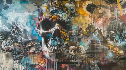 Obraz premium Large mural showcasing a mix of street art styles and historical elements, focus on, cultural expression, ethereal, Multilayer, city wall backdrop