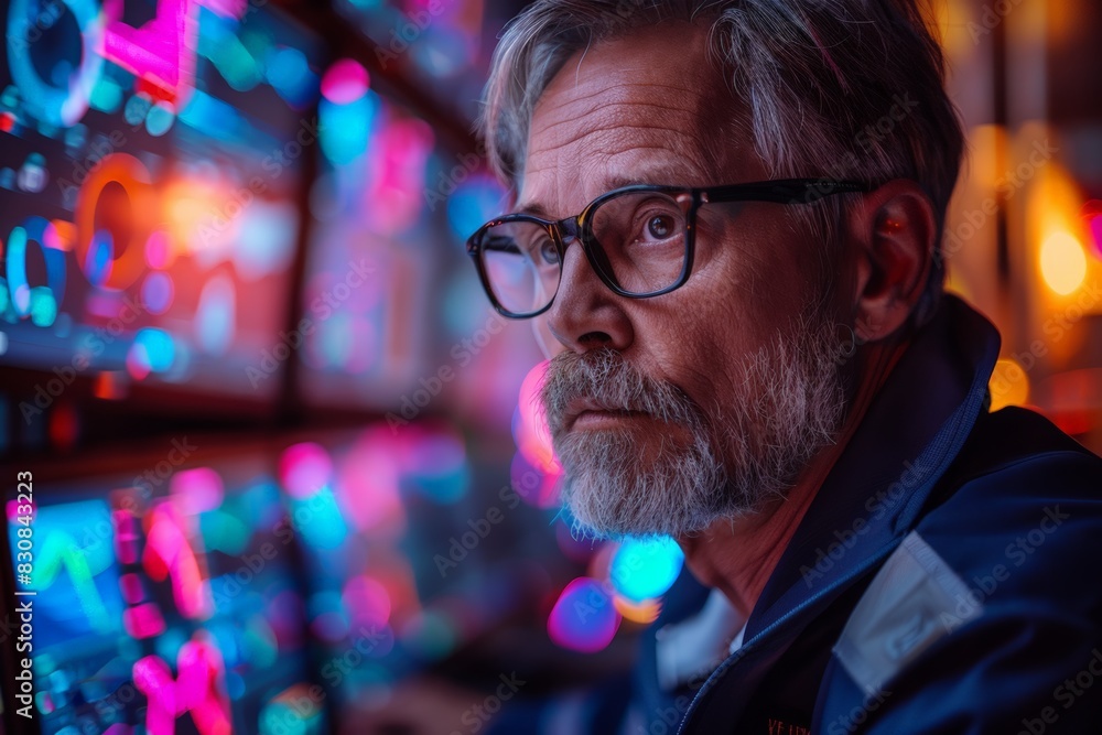 Poster man with glasses looking at computer screen