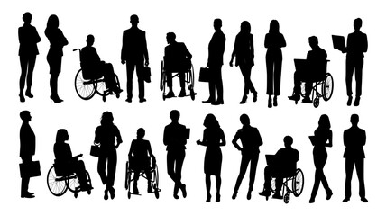 Silhouettes of diverse business people standing, walking, men, women full length, disabled persons sitting in wheelchair. Inclusive business concept. Vector illustration on transparent background.