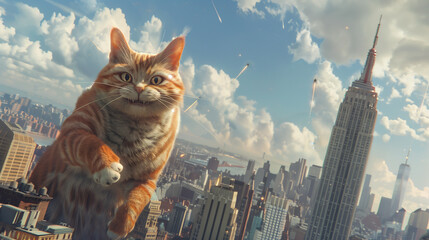 Obraz premium Giant Cat Takes Over New York City Skyline – Epic and Adorable Urban Adventure!
