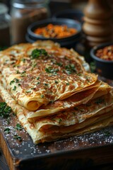 Stack of food on wooden cutting board