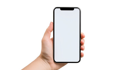Close-up of a person's hand holding a modern smartphone with a blank screen, ideal for showcasing apps, websites, or promotional content.  isolated on transparent background