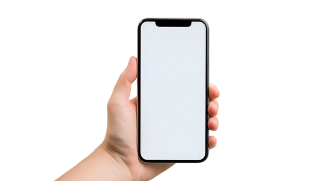 Close-up of a person's hand holding a modern smartphone with a blank screen, ideal for showcasing apps, websites, or promotional content.  isolated on transparent background