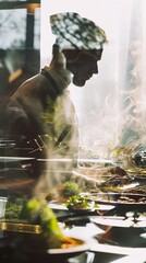 Chef preparing food in a modern kitchen. Creative, double exposure image with natural light and green elements.