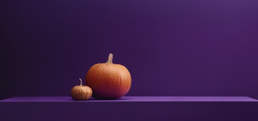 Halloween scene background dark purple colors. Concept Podium or pedestals for products display and pumpkin. Podium stage for Halloween promotions