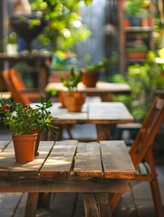 Rustic wooden table adorned with plants at a cozy outdoor cafe. For Product Display, Presentation. Selective Focus. Copy Space