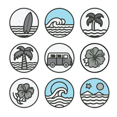 Surfing Icons set, Set of vintage surfing design elements