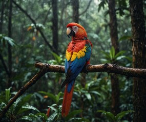 Fototapeta premium Sparrow, Eagle, Hawk, Owl, Pigeon, Crow, Robin, Parrot, Penguin, Flamingo, Swan, Hummingbird, Peacock, Woodpecker, Seagull, Toucan, Canary, Finch, Peli sitting on a branch in the natural green forest