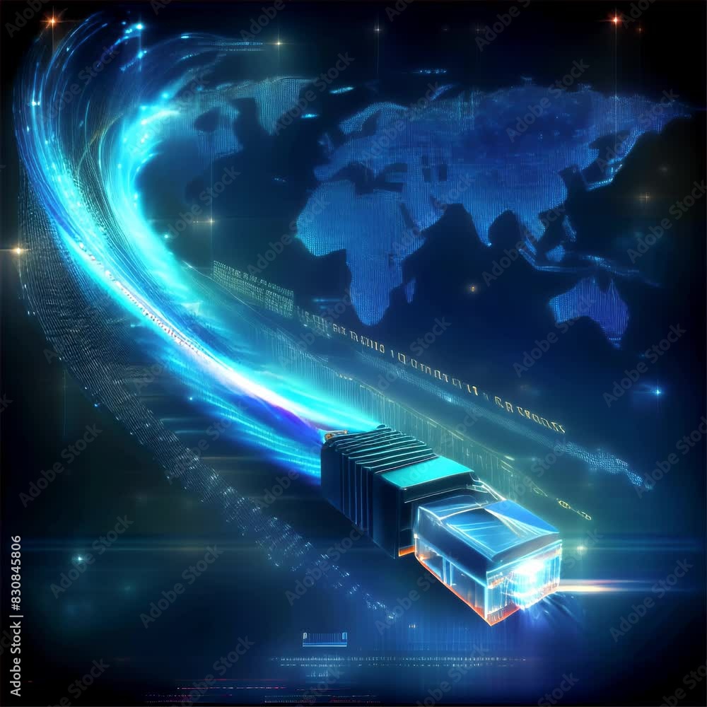 Poster ethernet cable transmitting data at high speed, depicted by glowing blue light trails, with a world 