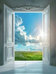 Open Doorway to Serene Sky, Symbolizing Hope and New Horizons 