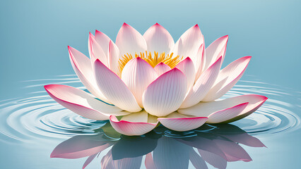 single lotus flower in soft hues of pink and white, centered amidst a minimalist backdrop of pale blue.