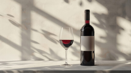 Dark wine bottle with blank label and a filled glass set against a beige background with soft shadows