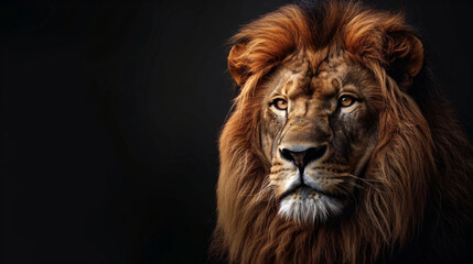 Fototapeta premium Portrait of lion on a black background with copy space