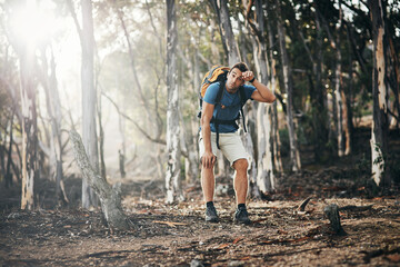 Man, hiking and sweat or tired in forest for health with fitness, exercise or survival in France....