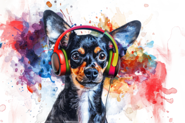 colorful dog wearing headphones