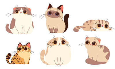 Set of vector illustrations in cartoon style. Super Cute cats with big eyes on white background. Vector illustration