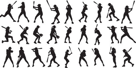 set of silhouettes baseball players in vector silhouettes Set of Baseball player silhouette vector, Softball silhouette collection