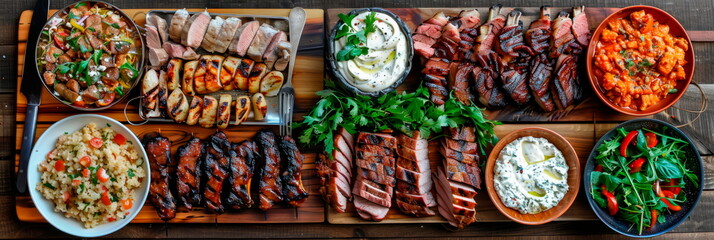 Fototapeta premium Delicious summer BBQ spread, grilled meats, fresh salads, outdoor table setting, mouthwatering food