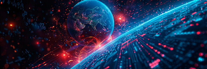 futuristic background with space design, digital pixels and celestial icons and a sense of exploration.