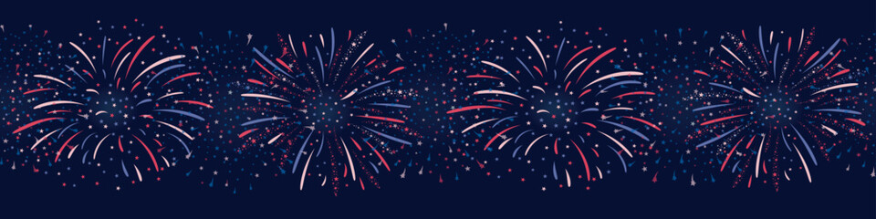 Seamless horizontal Fireworks background in red, blue and white colours for US Independence Day, Bastille Day, 4th of July. Vector seamless border on dark background. For digital paper, cards, banner