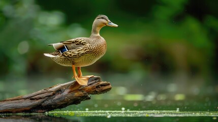 Duck with golden brown feathers balancing on a single leg on a floating log surrounded by green water landscape
