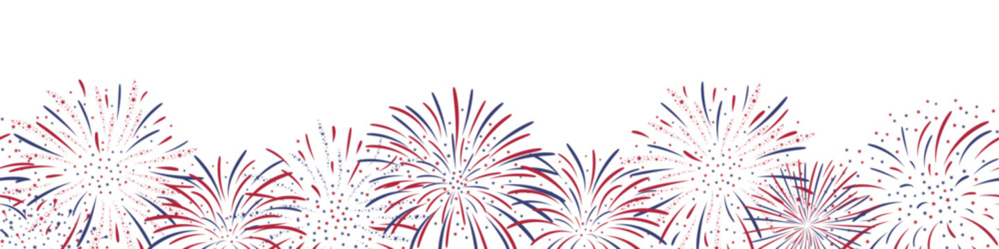 Seamless horizontal Fireworks background  in red, blue and white colours for US Independence Day, Bastille Day, 4th of July. Vector seamless border Isolated on white. For digital paper, cards, banner