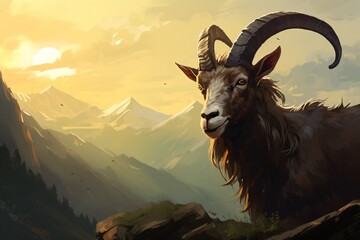 a goat with horns on a mountain