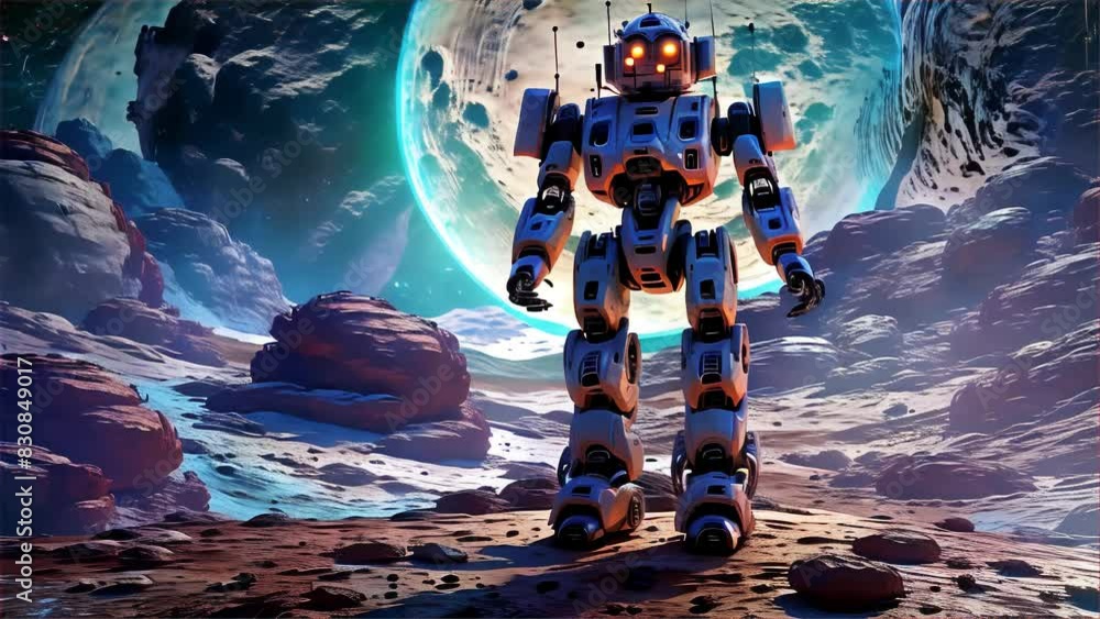 Poster An advanced robot navigates extraterrestrial terrain under the moonlight, showcasing its exploration capabilities and cutting-edge design. The alien landscape and the robot's futuristic features