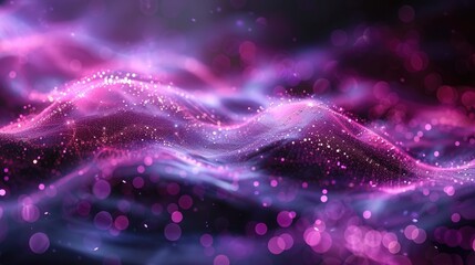 Dynamic Digital Purple Particles Wave and Light Abstract Background with Shining Dots and Glowing Stars in a Futuristic Design
