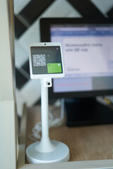 QR code cashless payment. Scan to pay system. Business or technology concept. Sberbank              