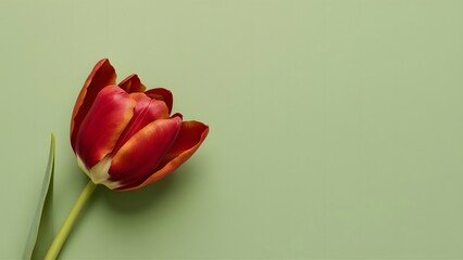 Fototapeta premium A single exquisite red tulip on the left side of a soothing, solid pastel green background creating a harmonious and calming visual experience template