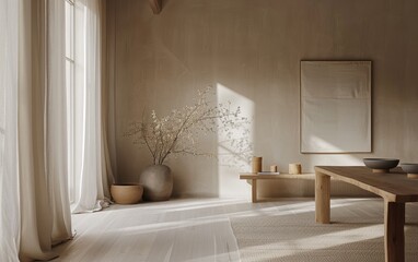 A minimalist dining space basks in soft light. Neutral tones and simple lines evoke calm and clarity.