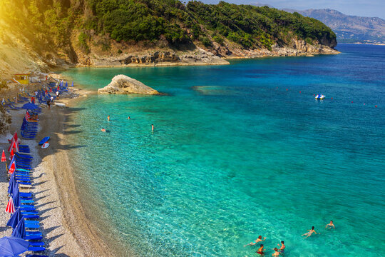 Albania, ksamil -17 July 2018. Tourists are resting on the beach of the Ionian Sea