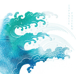 Blue brush stroke texture with Japanese ocean wave pattern in vintage style. Abstract art landscape banner design with watercolor texture vector.