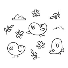 One-color vector set of anti-stress coloring pages with birds, flowers and clouds