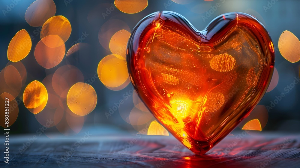 Wall mural glowing glass heart with bokeh lights symbolizing love and romance