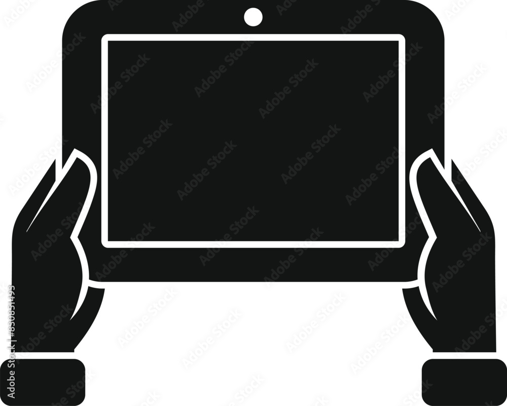Poster hands holding simplified black and white vector tablet icon illustration. representing modern digita