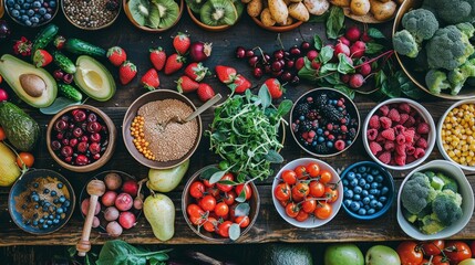 A colorful assortment of fresh produce displayed on wood table.