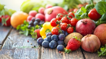 A colorful assortment of fresh produce displayed on wood table.
