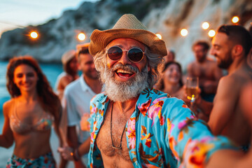 Elderly man dancing at a beach party, together with friends in sunglasses, mature person enjoying retirement