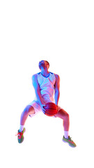 Poster. Basketball player leaping in motion and leaned back to make perfect shot from back in neon light against white background. Concept of professional sport, games, healthy lifestyle, tournament