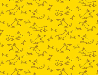 Fototapeta premium Doodle pattern of dogs and bones on yellow background