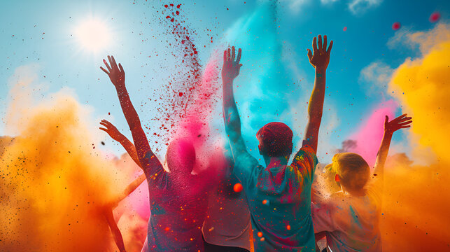 People joyfully throwing colored powder in the air during a festive celebration.

