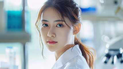 Fototapeta premium Confident female scientist in lab. Portrait of a young and confident female scientist in a white lab coat, looking back over her shoulder.