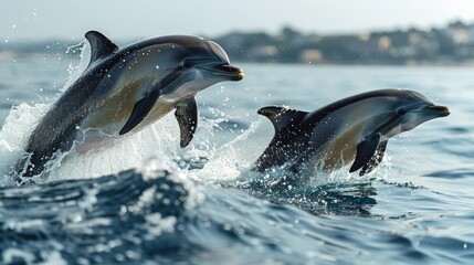 Obraz premium Pair of Dolphins Leaping in Ocean Waves Near Scenic Coastline. Dolphin Day